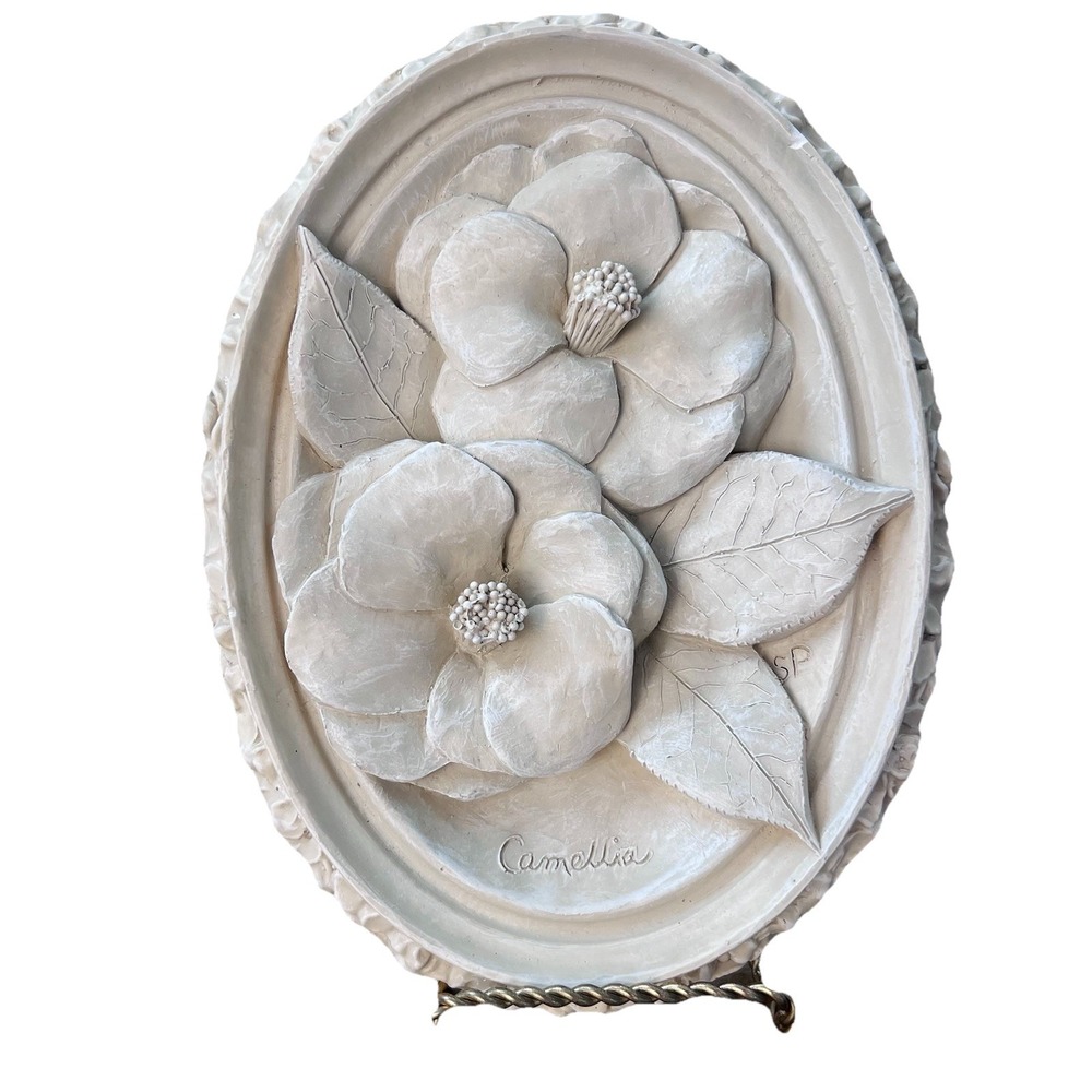 Floral Bas Relief – Stucco Plaster Cast , Oval Plaque Wall Decor SIGNED Numbered